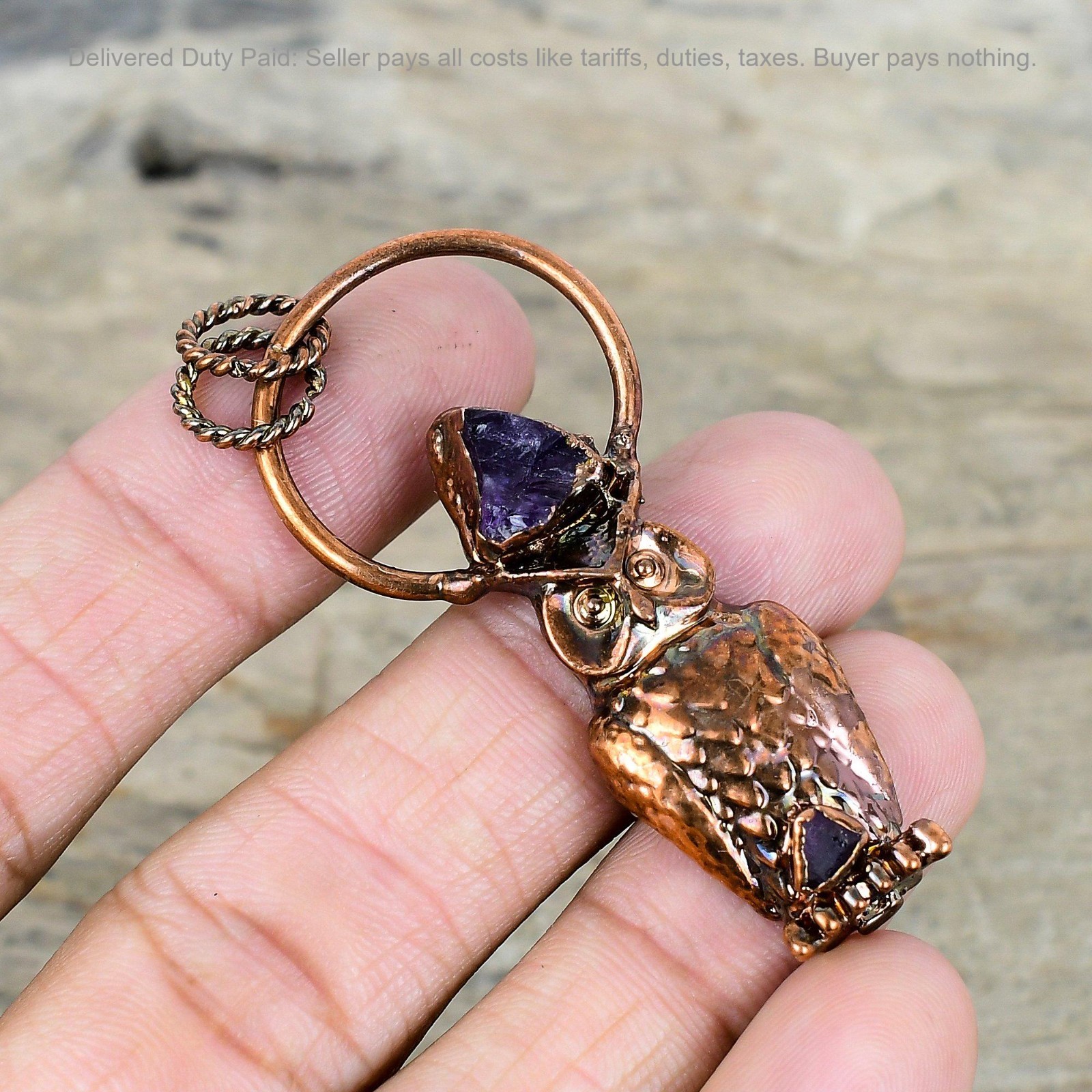 African Amethyst Rough Gemstone Copper Art Deco Electroformed And Owl Pendant