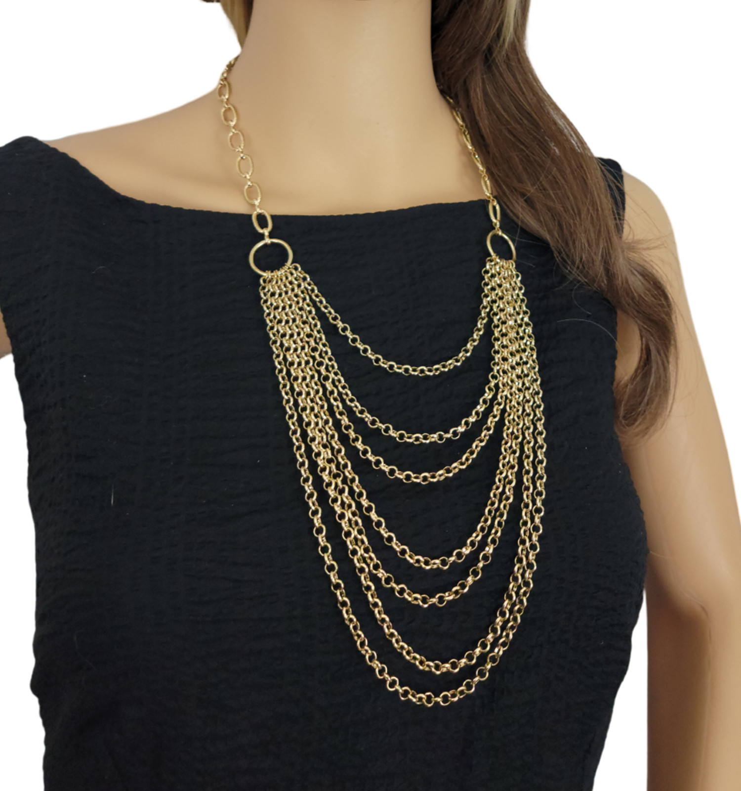 Multi Strand Layered Chain Link Bib Necklace Gold Tone Womens Jewelry 20-24″
