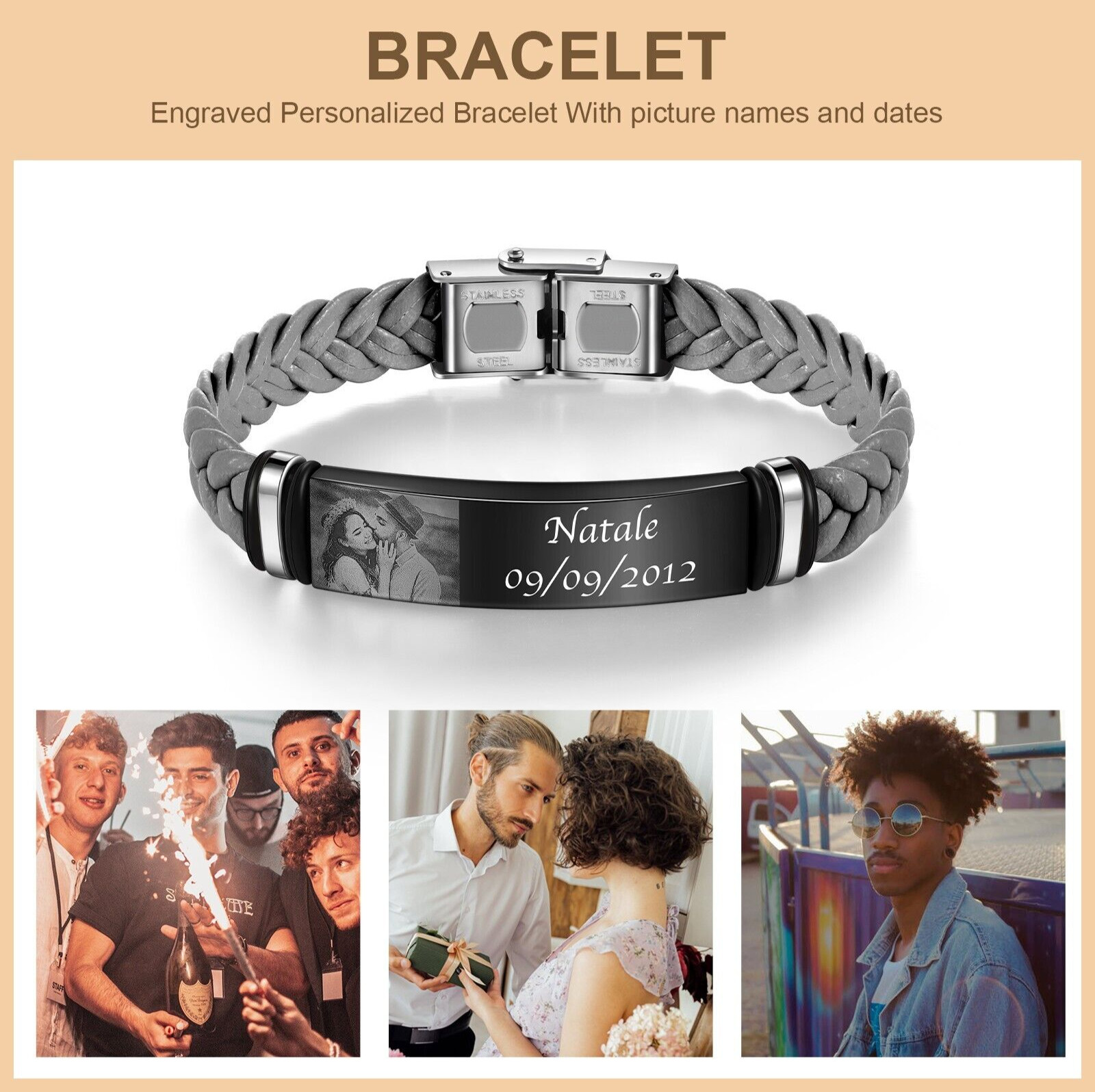 Custom Engraved Photo Bracelet – Engrave Name/Date Choice: Black, Brown or Gray