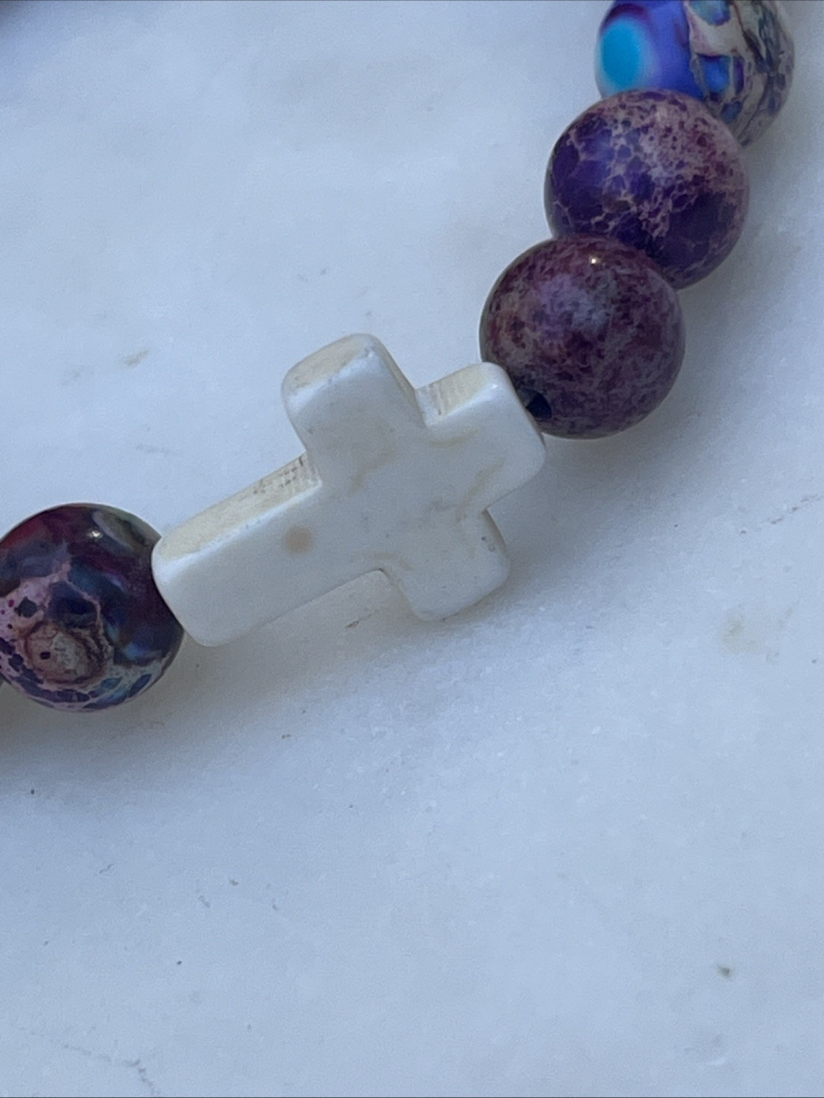 Pull On Stone Beaded Stretch Bracelet with Cross