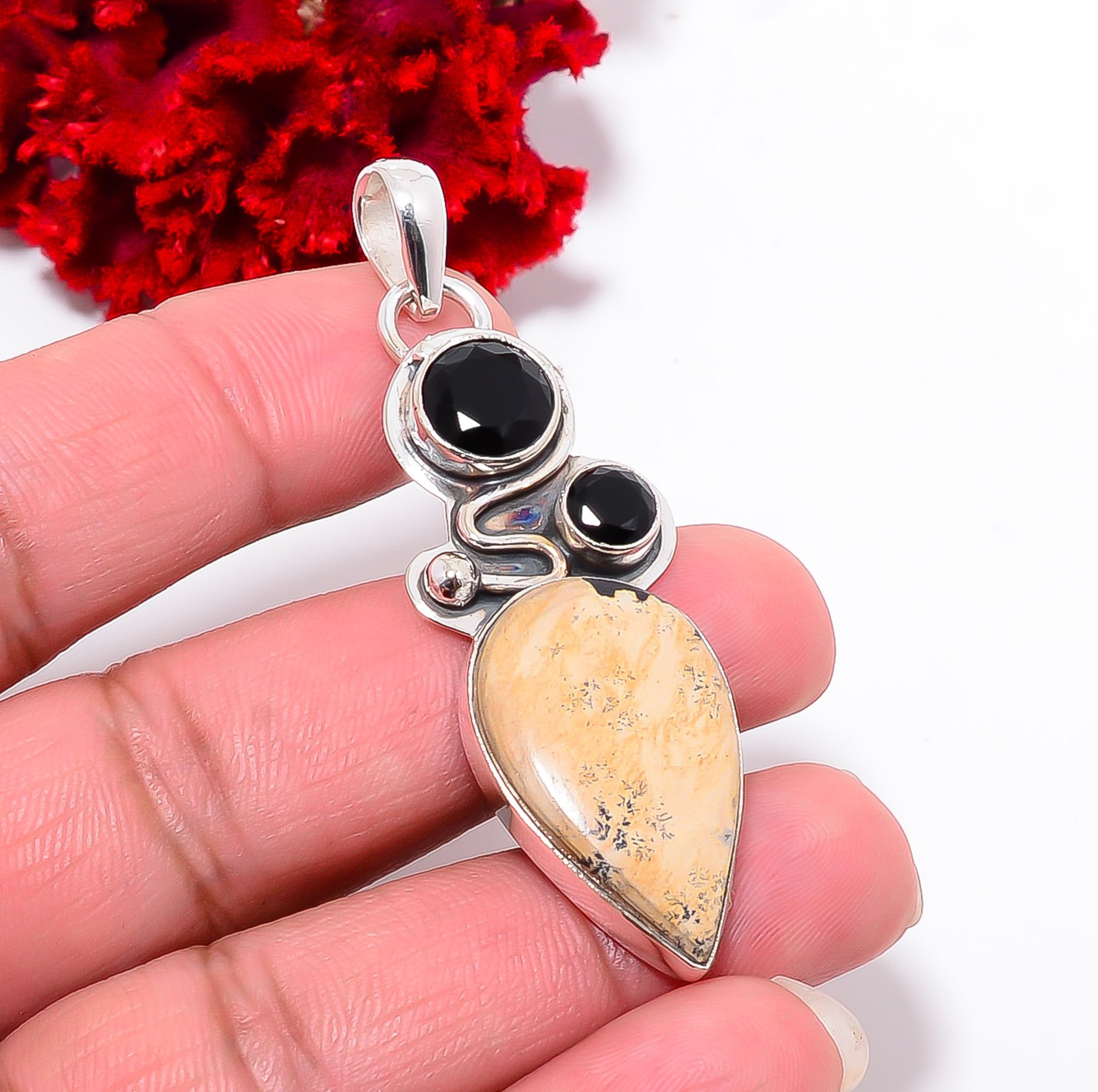 Picture Jasper – Oregon & Black Onyx 925 Sterling Silver Pendant 2.26″ P94355