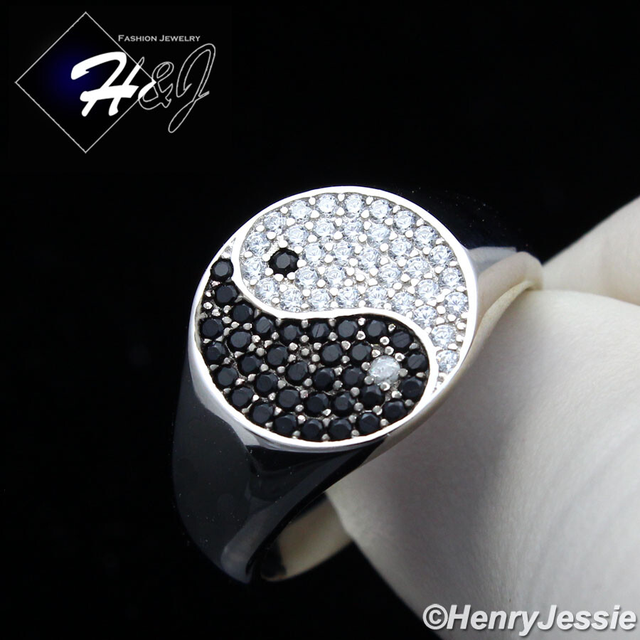 MEN 925 STERLING SILVER ICY BLING CZ YIN YANG TAIJI DIAGRAM ROUND RING*SR181