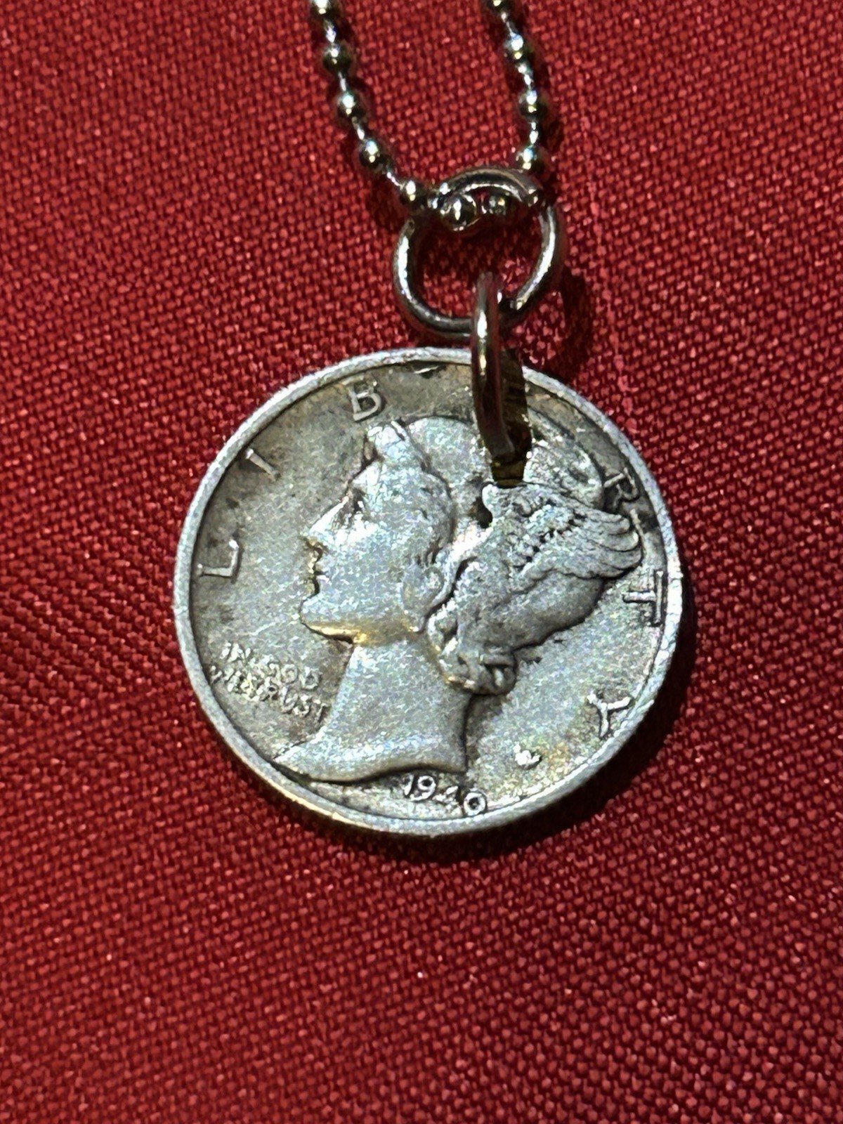 Mercury Dime Coin Pendant Necklace Silver Tone Metal Ball/Bead Chain Round