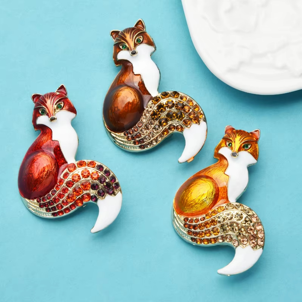 Retro Fall Fox Brooch Red Enamel Rhinestone Gold Animal Pin Autumn Gift Jewelry