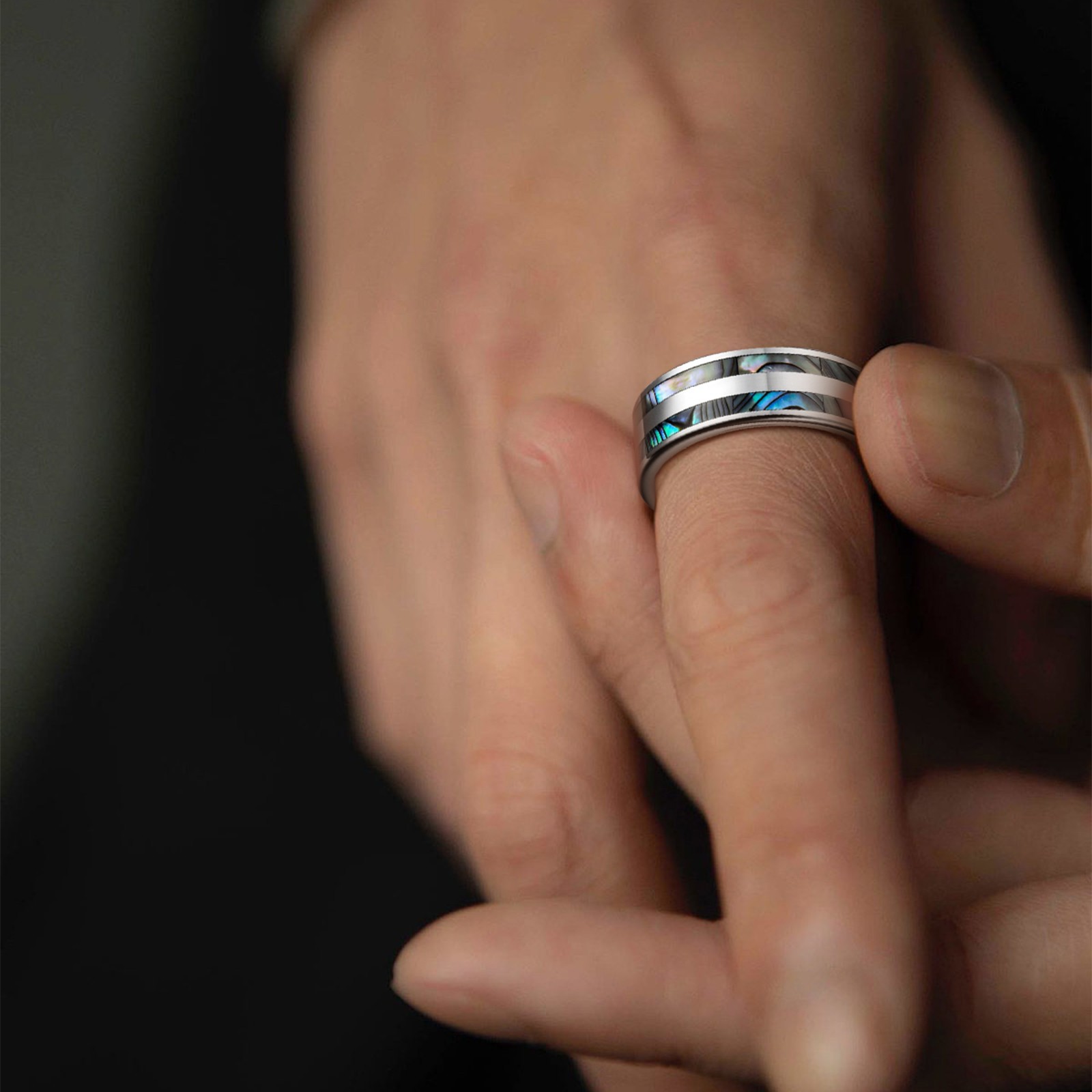 Comfort Fit Tungsten Carbide Ring Black Double Abalone Shell Inlay Wedding Band