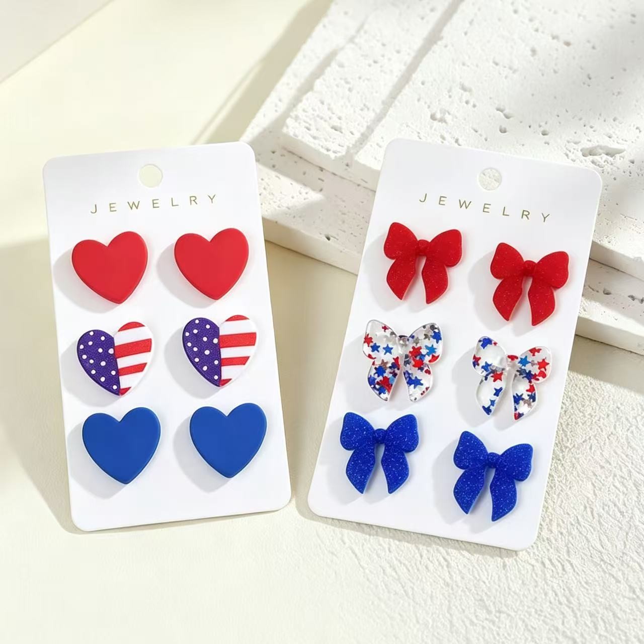 6 Pairs of Acrylic Red, White, and Blue American Flag Bow Heart-shaped Studs