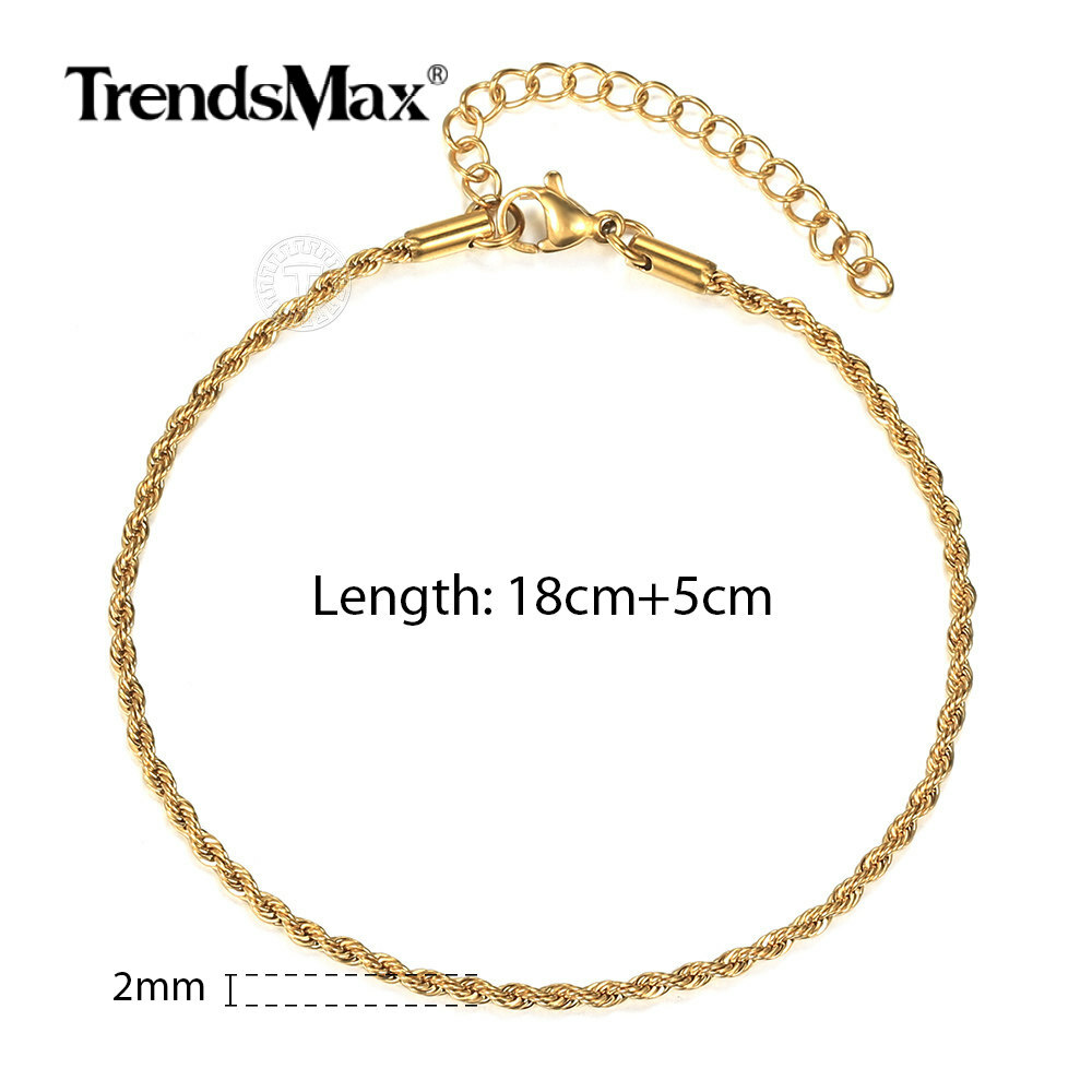 2/3/4/5MM Gold Plated Stainless Steel Rope Chain Bracelet Anklet Men Women 7-10″