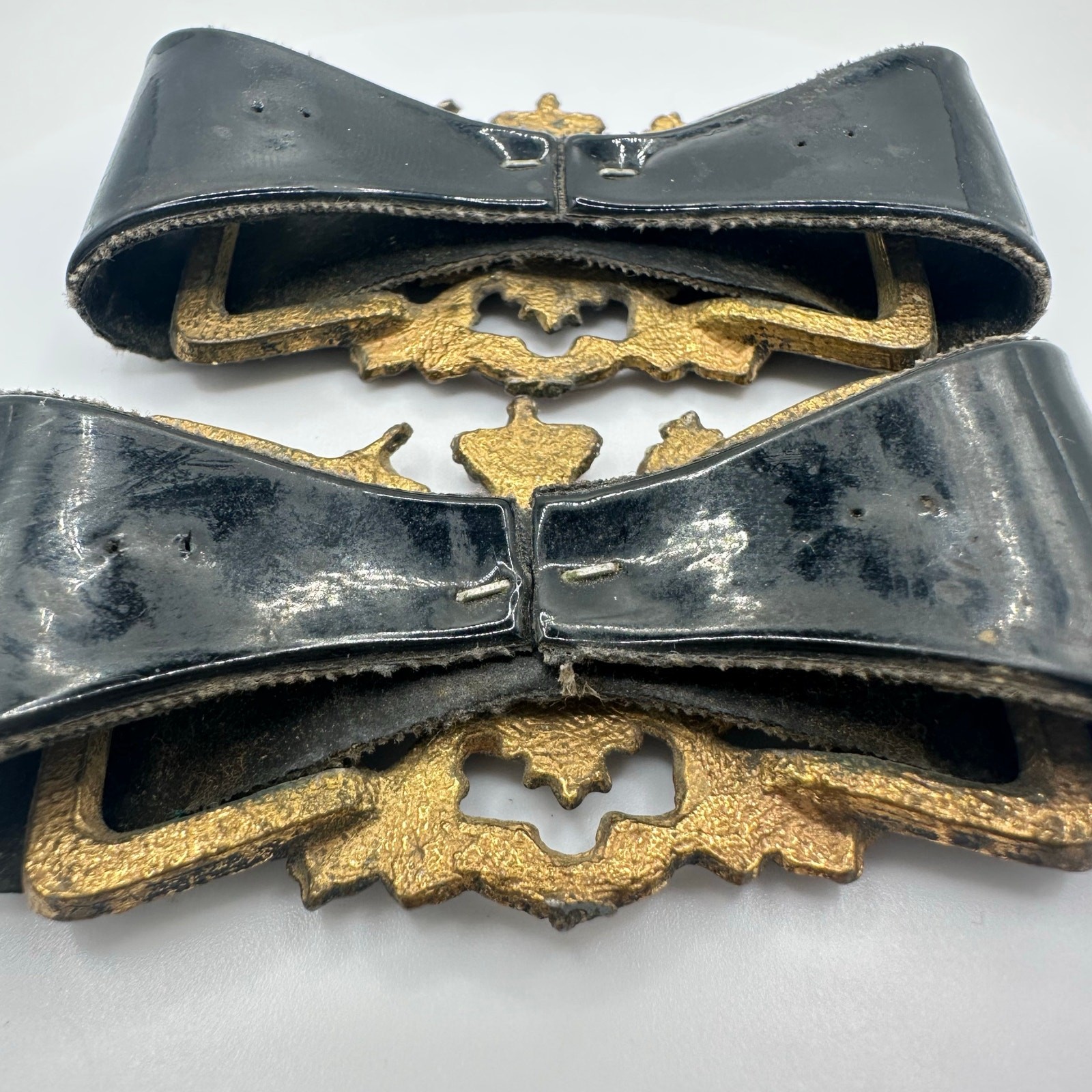 Set of 2 vintage British Military General heraldic patent leather bows buckles