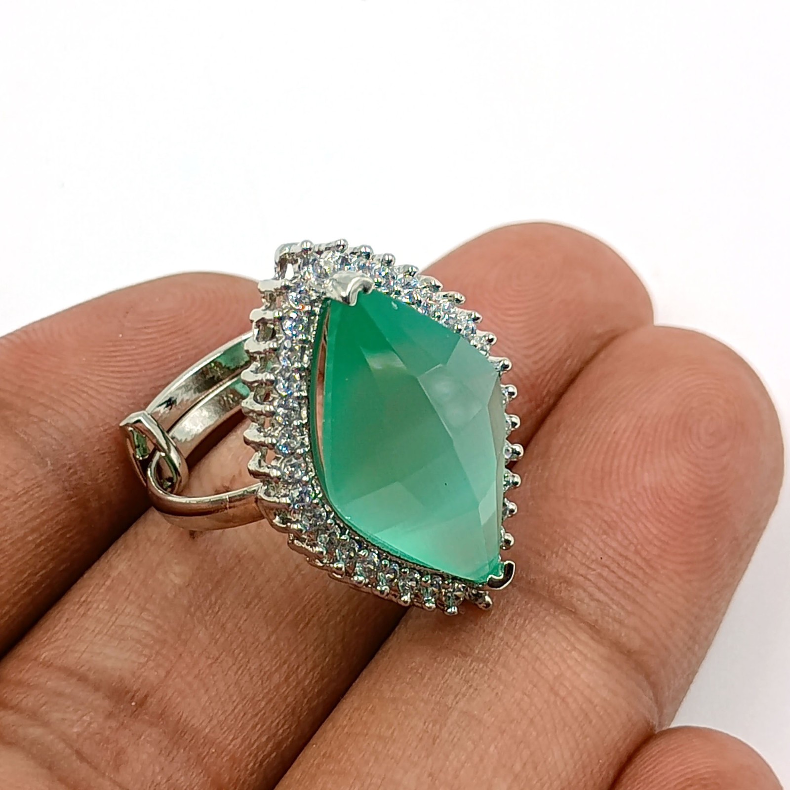 Aqua Chalcedony Marquise Ring Adjustable White Plated Statement CZ Jewelry