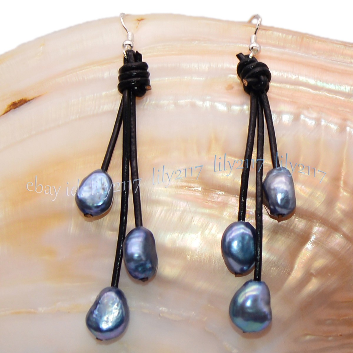 Natural Freshwater Baroque Pearl Black Leather Rope Dangle Hook Earrings 9-10mm