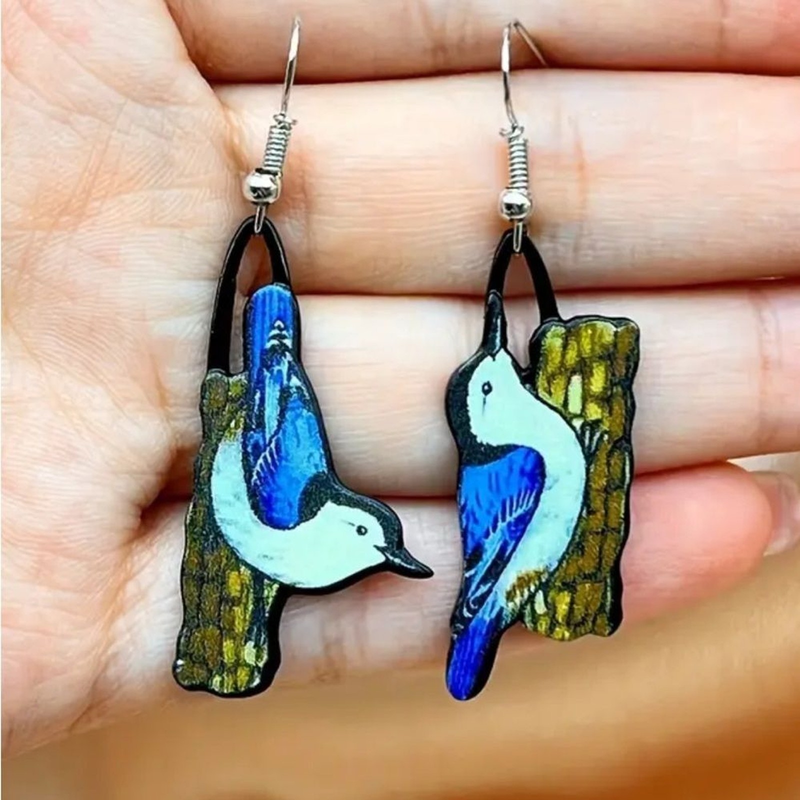 Nuthatch bird drop earrings blue vibrant gift animal lover cute quality new