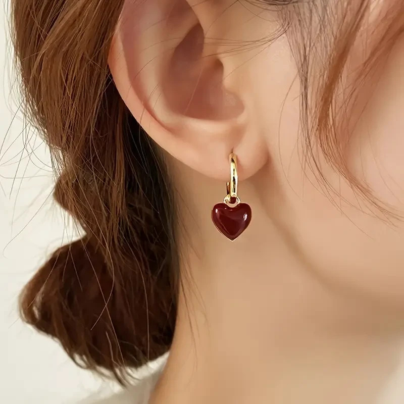 Elegant Red Heart Pendant Dangle Drop Earrings Golden Toned Valentine’s Day
