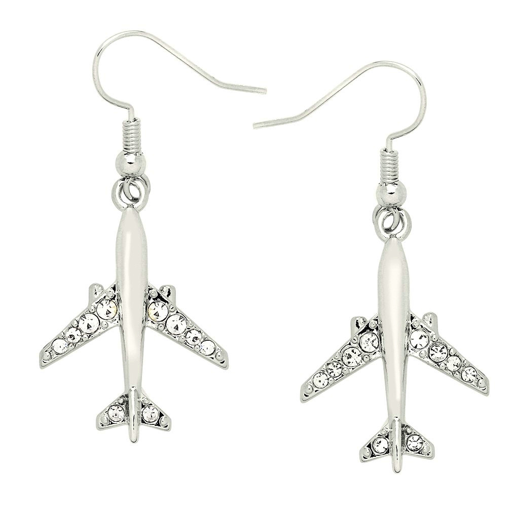 AIRPLANE Fish Hook Silvertone Clear Rhinestone-Hangs1 3/4 inches