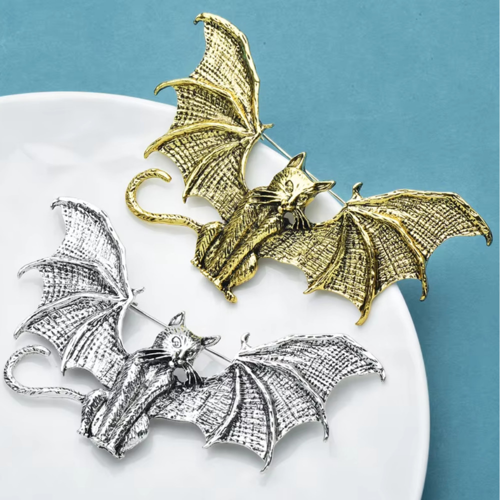 LARGE Halloween Silver Tone Wing Cat Bat Brooch Pin Gothic Jewelry Costume Gift