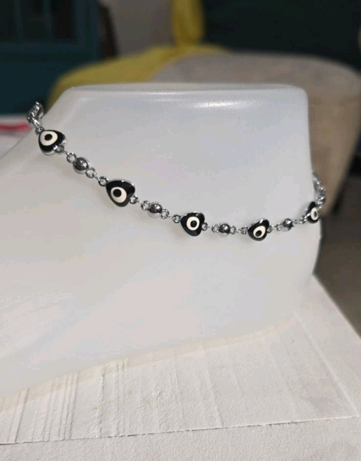 Silver Plated Evil Eye Ankle Chain, Lobster Clasp Size 8″-10″