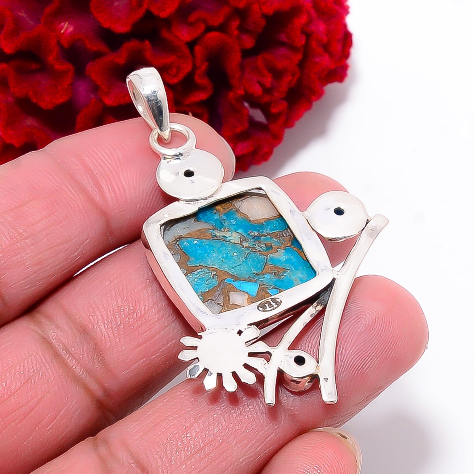 Copper Pink Opal Kingman Blue Turquoise & Blue Topaz 925 Silver Pendant 2.26″