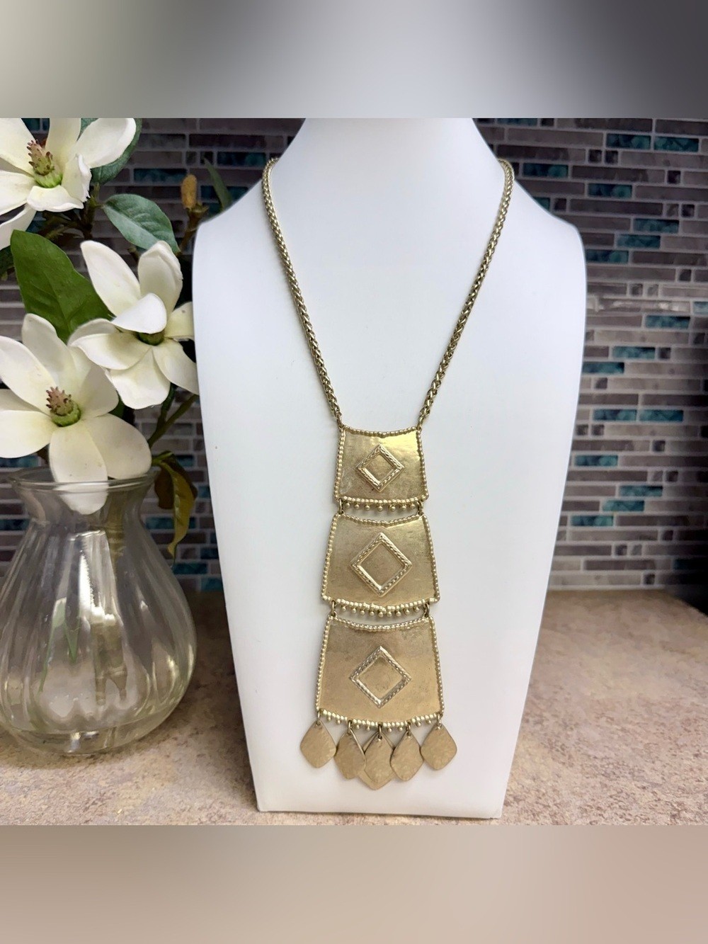 Chico’s Gold Tone Tiered Geometric Shield Pendant Fringe Statement Necklace Boho