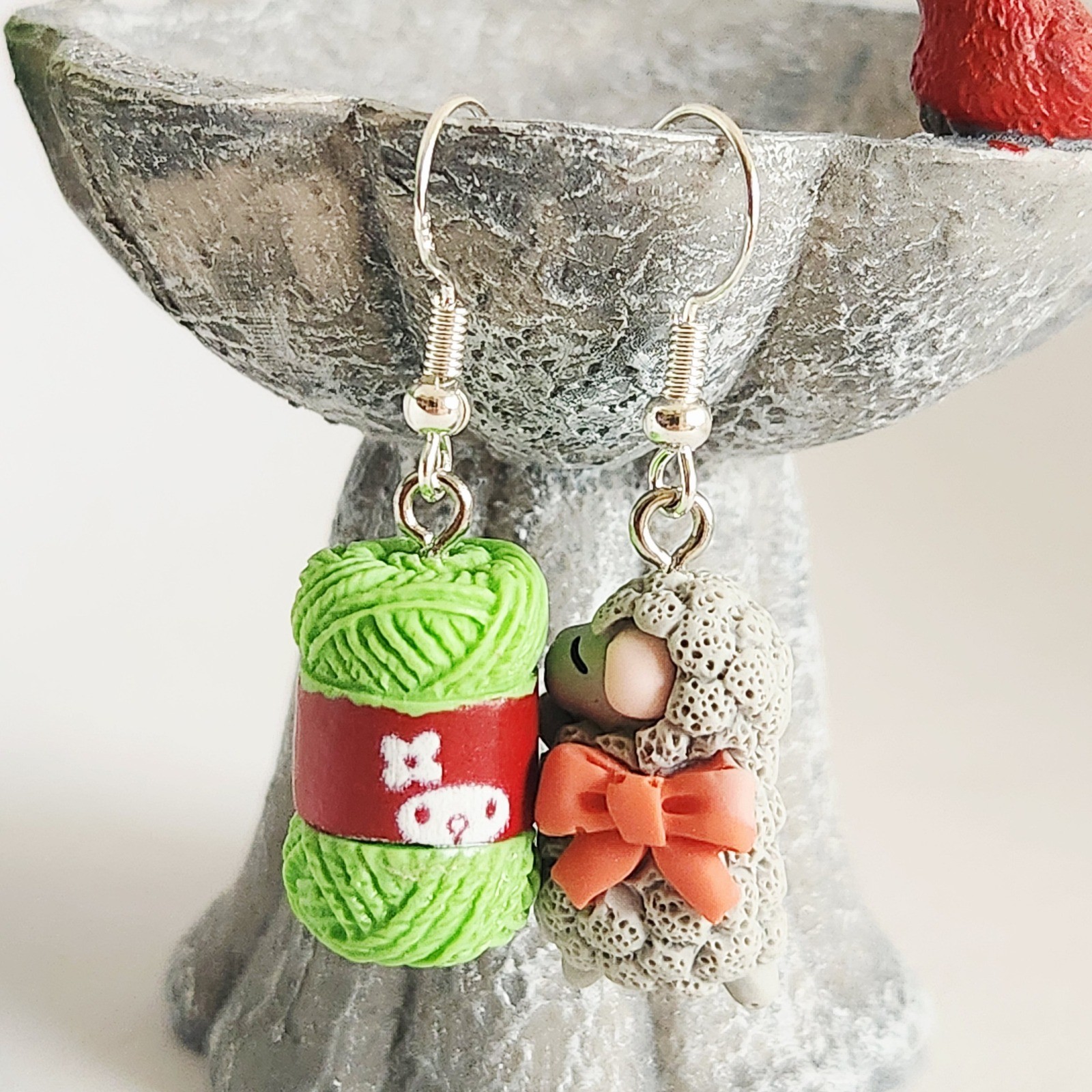Handmade Cute Sheep Yarn Ball Dangle Earrings Unique Gift for Crafters