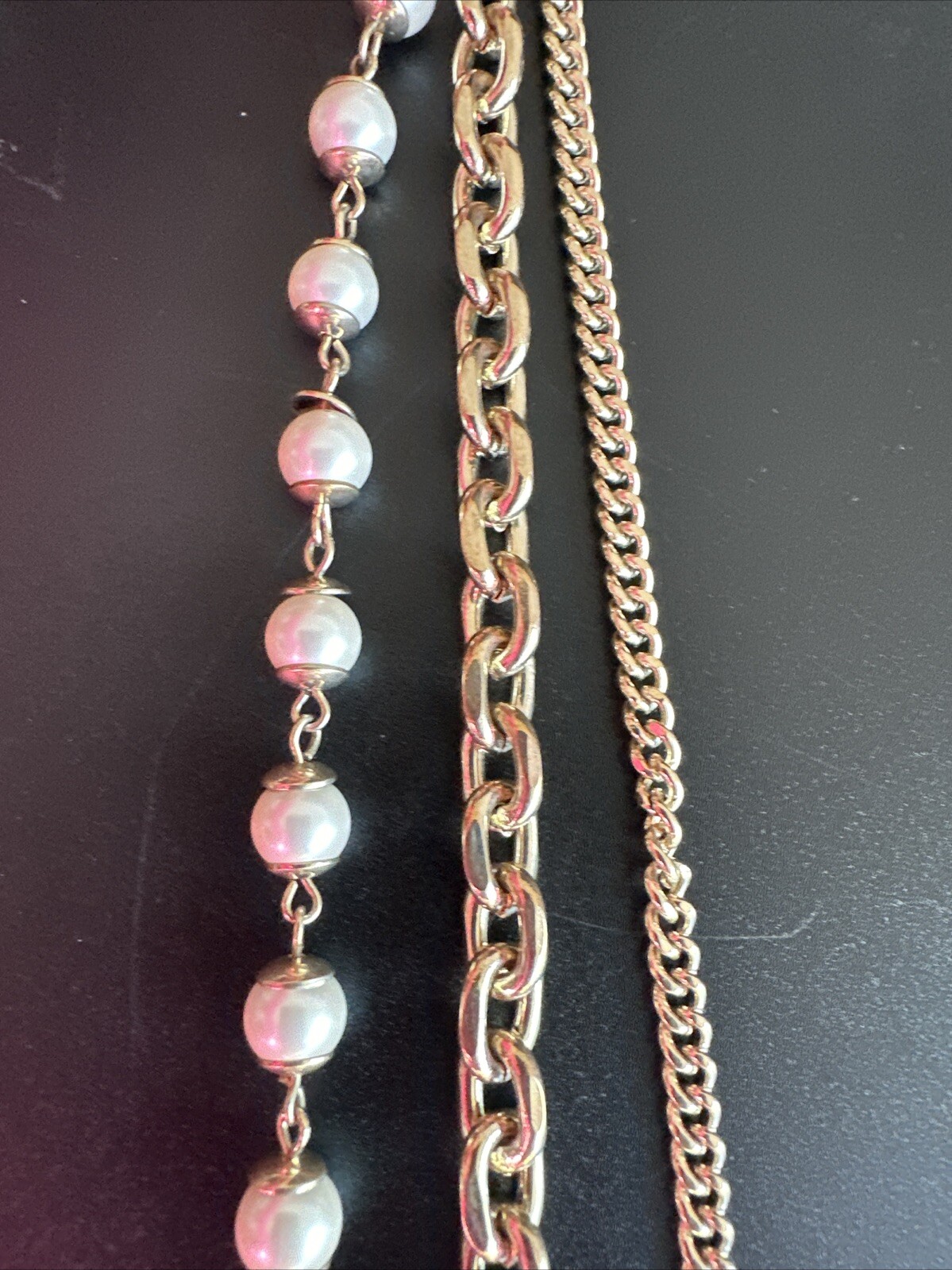 Ann Taylor Gold Plated Pearl Layered Chains Necklace Massive Long 30in. 20mm