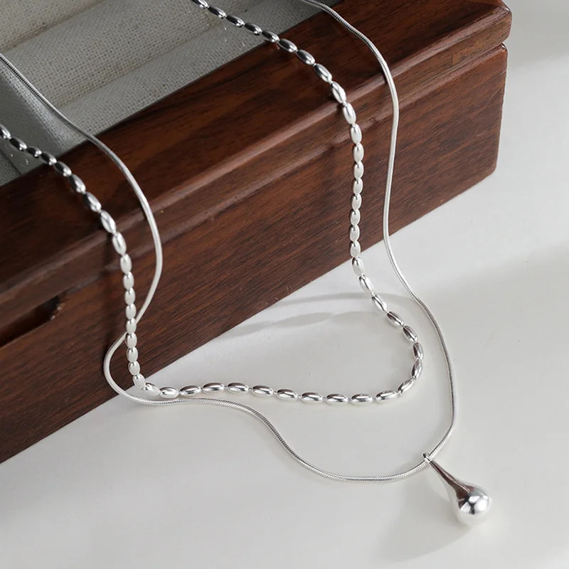 Snake Chain Necklace Rice Droplet 925 Sterling Silver Double Layer Jewelry