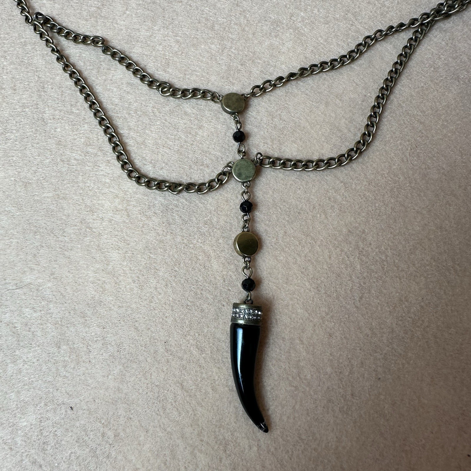 Cosmo New w Tags Black Italian Horn Pendant with Blue stones 18″