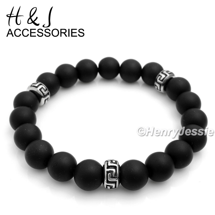MEN Stainless Steel 10mm Brush Black Onyx Beads Greek Key Bead Stretchy Bracelet