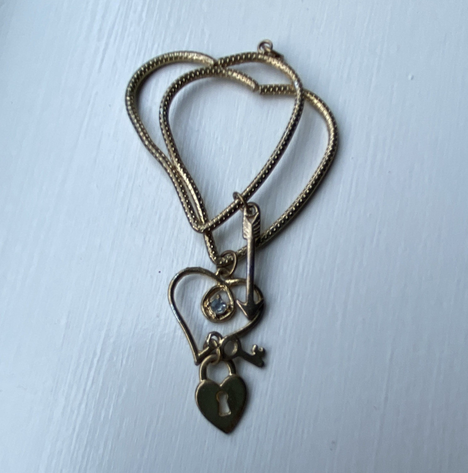 Gold Tone Snake Chain Necklace, Heart Lock & Key Charm Pendant, Clear Crystal