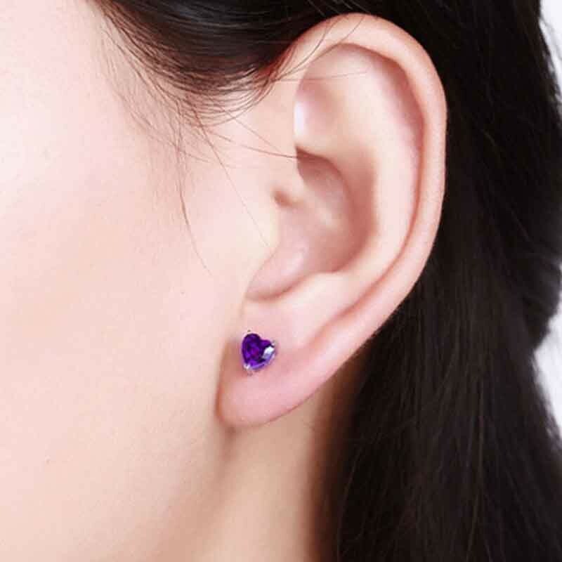 925 Sterling Silver Amethyst Heart CZ Shaped Stud Earrings 5MM Cubic Zirconia