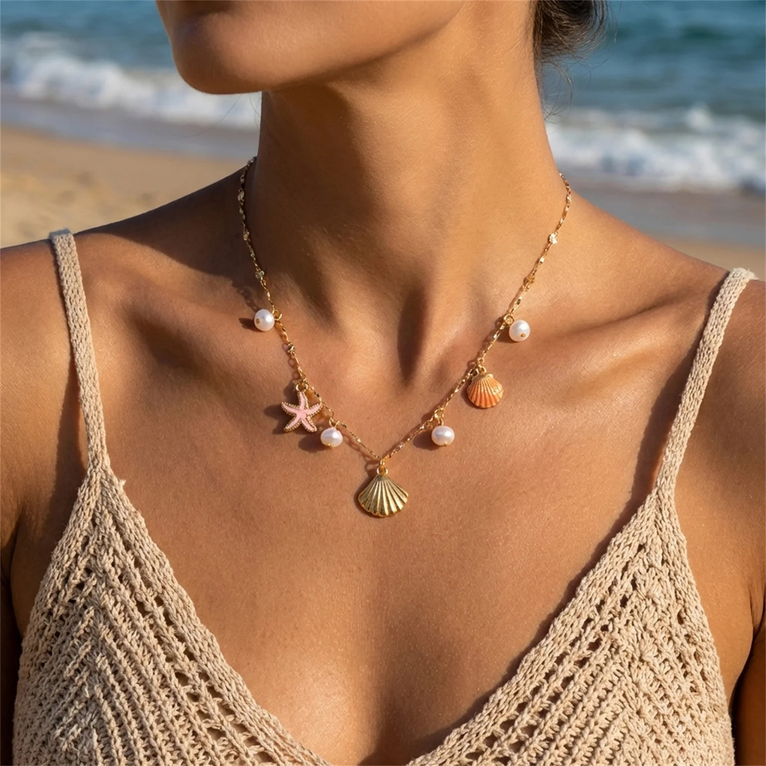 Boho Multilayer Starfish Shell Conch Pendant Necklace For Women Trendy Summer Be