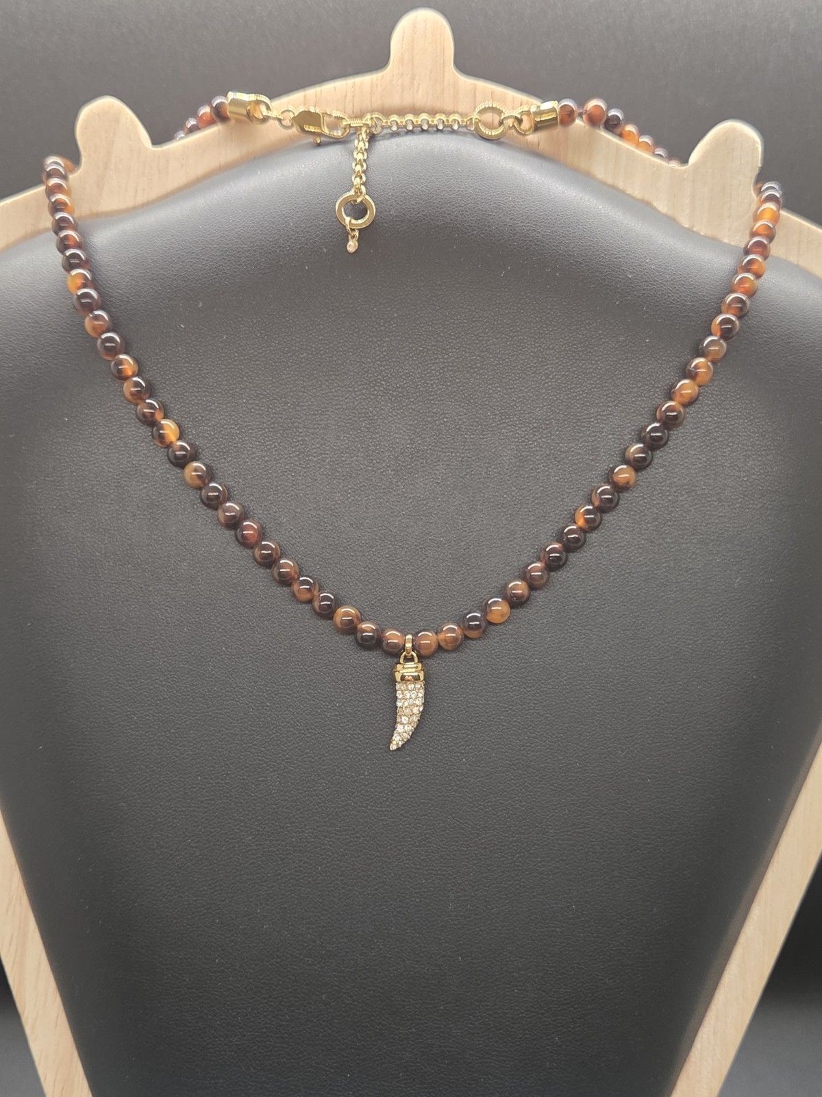 BaubleBar Tiger’s Eye Beaded Necklace Gold Tone Pavé Horn Crescent Pendant 18″