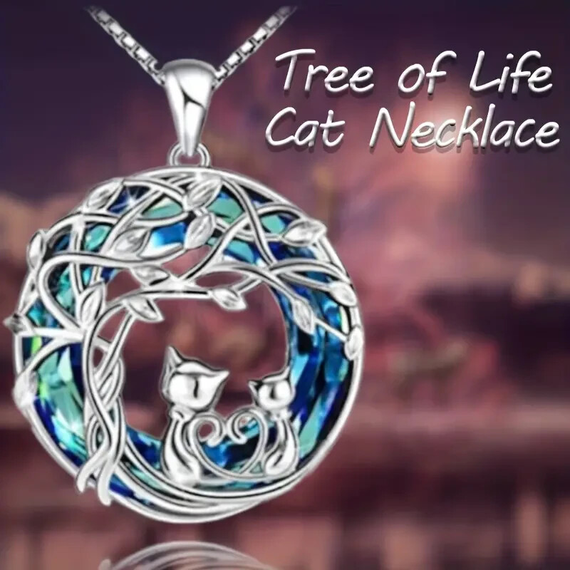 Rainbow Mystical Fire Topaz 925 Sterling Silver Tree Of Life Cat Kitten Necklace
