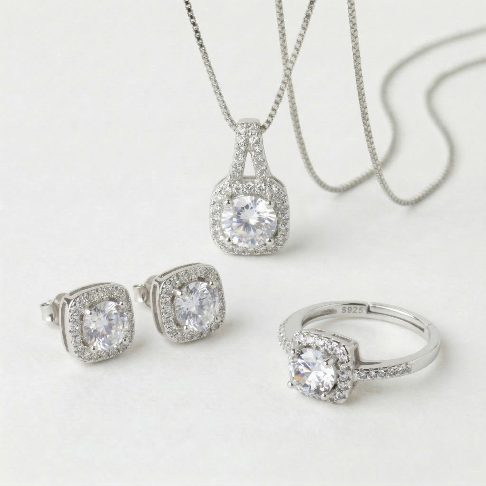 Sterling Silver 925 Jewelry Set, Certified Moissanite / 5A Zirconium, Rose Box