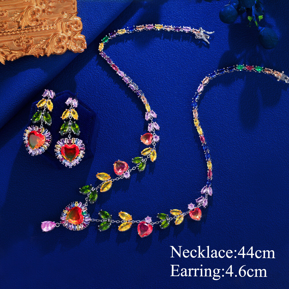 Silver Plated CZ Multicolor Leaf Heart Necklace Earrings Lover Party Jewelry Set