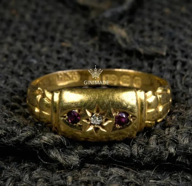 Victorian Starburst Pinky Ring CZ Diamond Ruby Gold Tone
