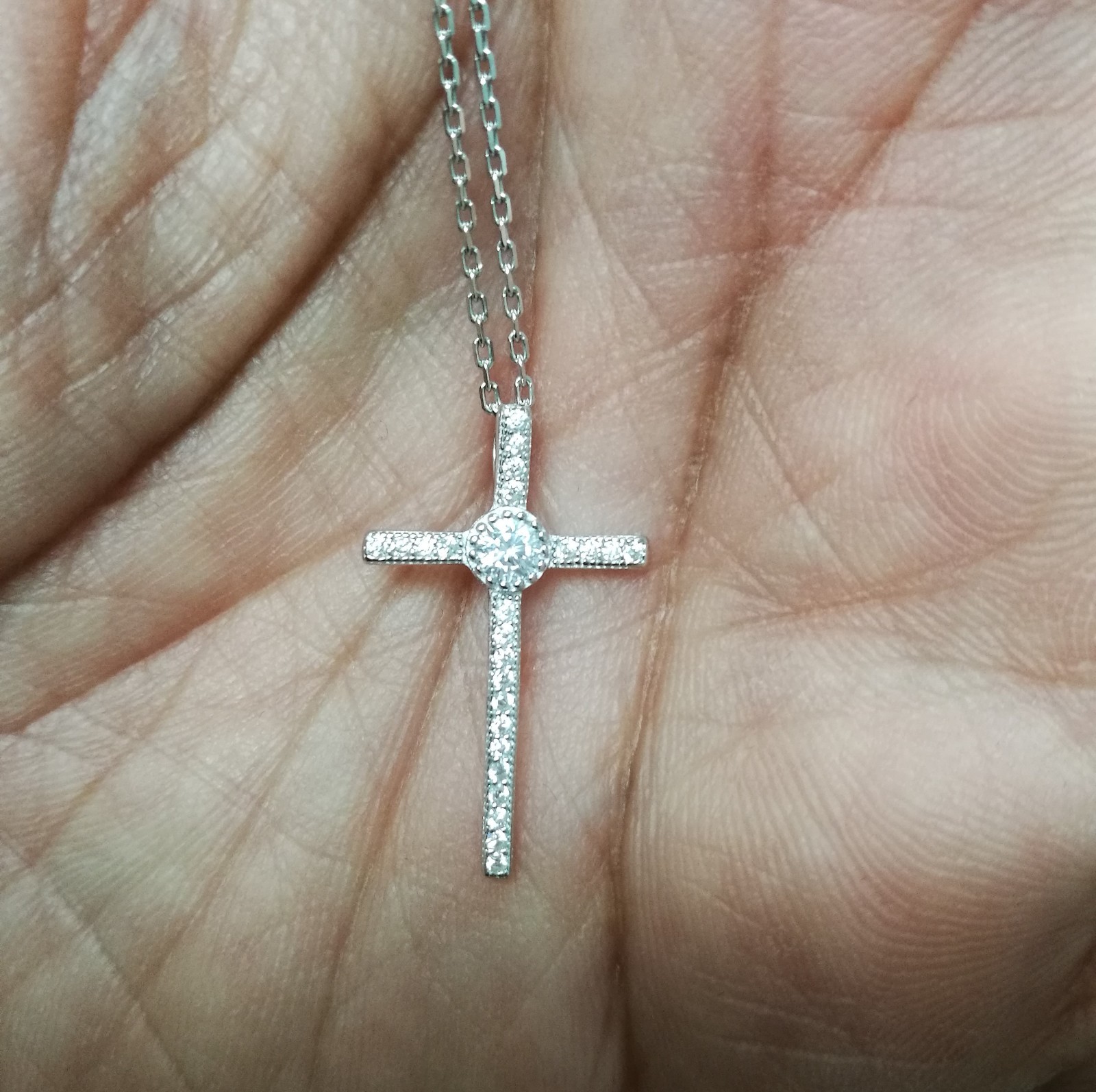 Cross Pendant Necklace with Simulated Diamond in Sterling Silver 14K Gold Plated