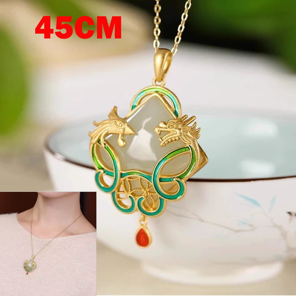 Jade Dragon Phoenix Shape Pendant Jewelry 18K Gold Plated Necklace 45CM Gift US