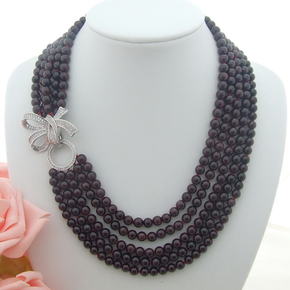 18”-21” 5 Strands 6mm Natural Round Smooth Garnet CZ Necklace Multi Strands