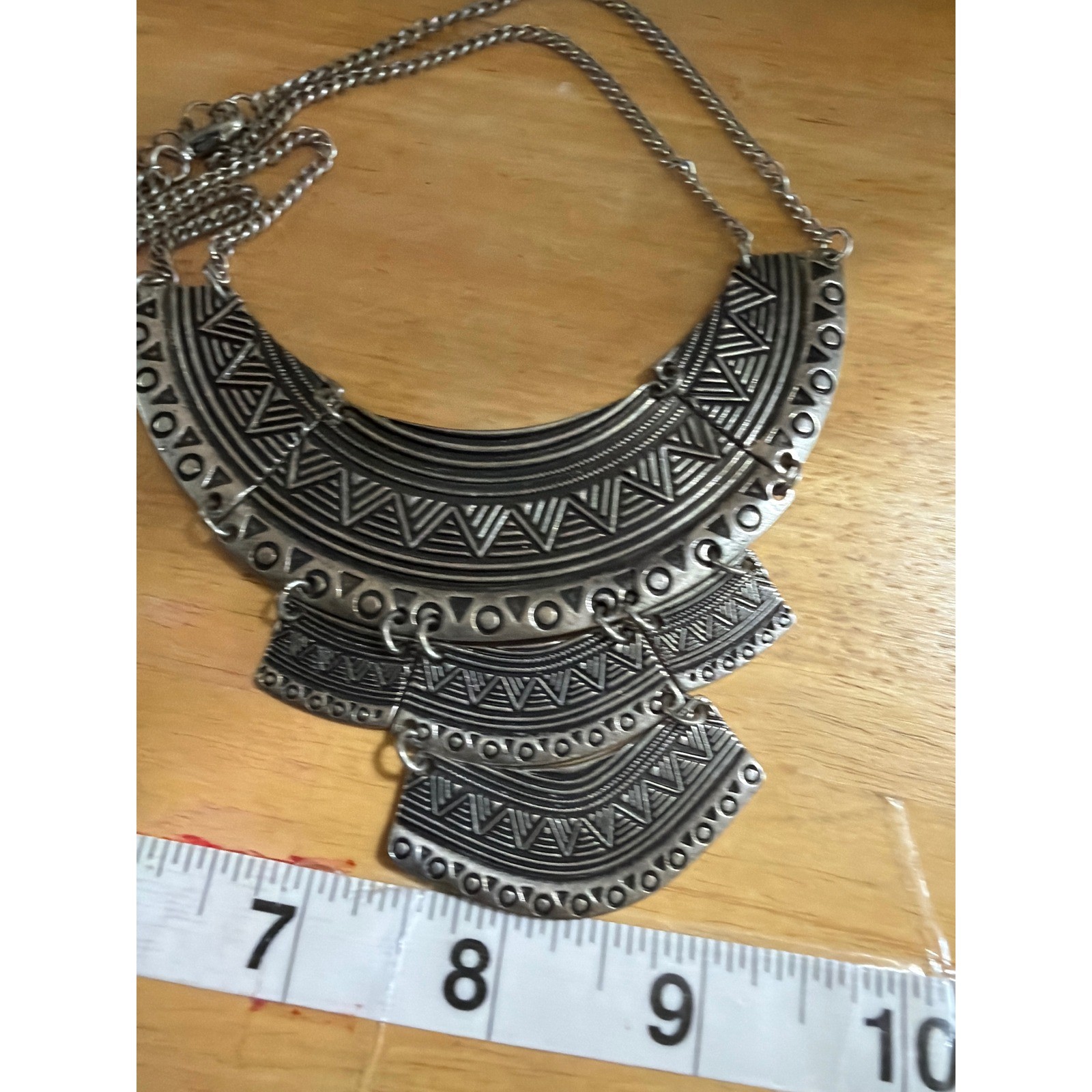 Bohemian Antiqued Silver Geometric Etched Tiered Tribal Statement Bib Necklace