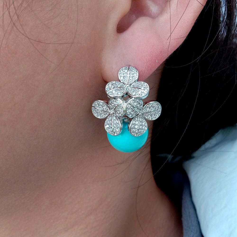 Blue Sea Shell Pearl Cz Pave Flower Stud Earrings Valentines Day Jewelry