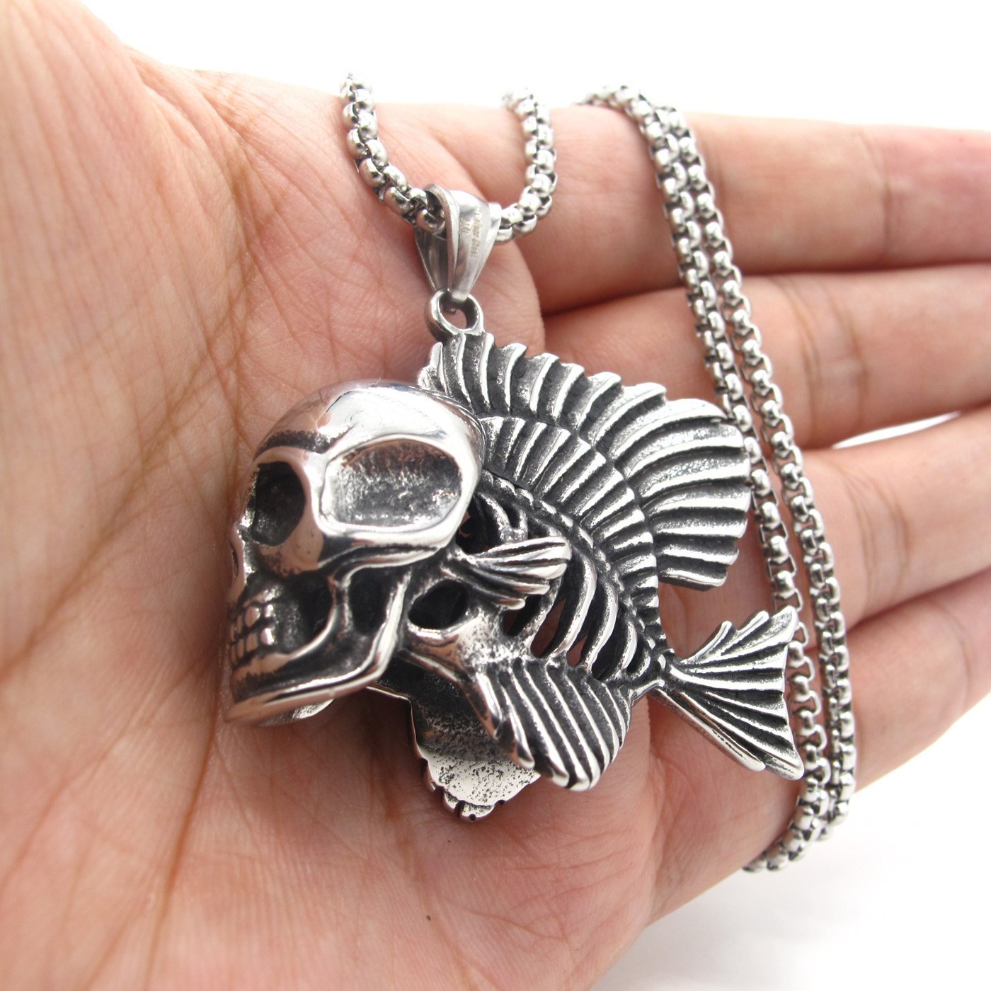 MENDEL Mens Stainless Steel Fish Bone Skeleton Biker Punk Skull Pendant Necklace