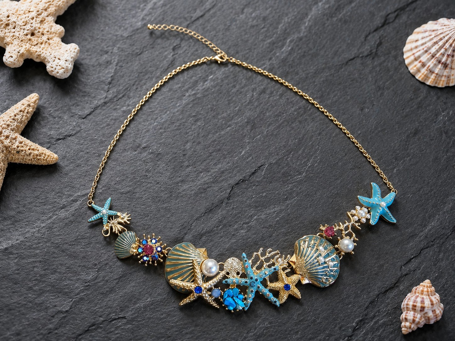 Starfish Seashell Necklace Pearls Beach Nautical Statement Bib Jewelry Chain 20″