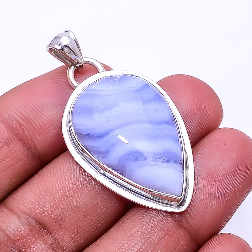 Natural Blue Lace Agate -Namibia Gemstone 925 Sterling Silver Pendant 1.68″ P65