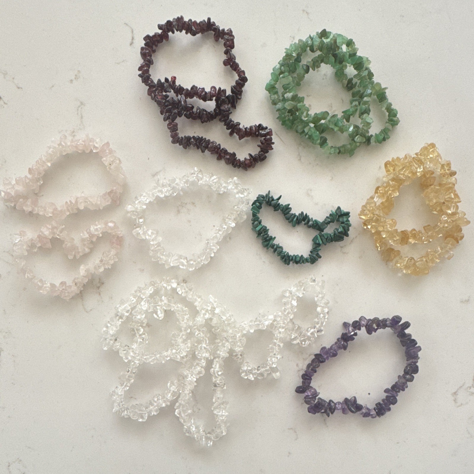 Lot of 7 Assorted Gemstone Chip Beaded Stretch Stackable Bracelets Multicolor