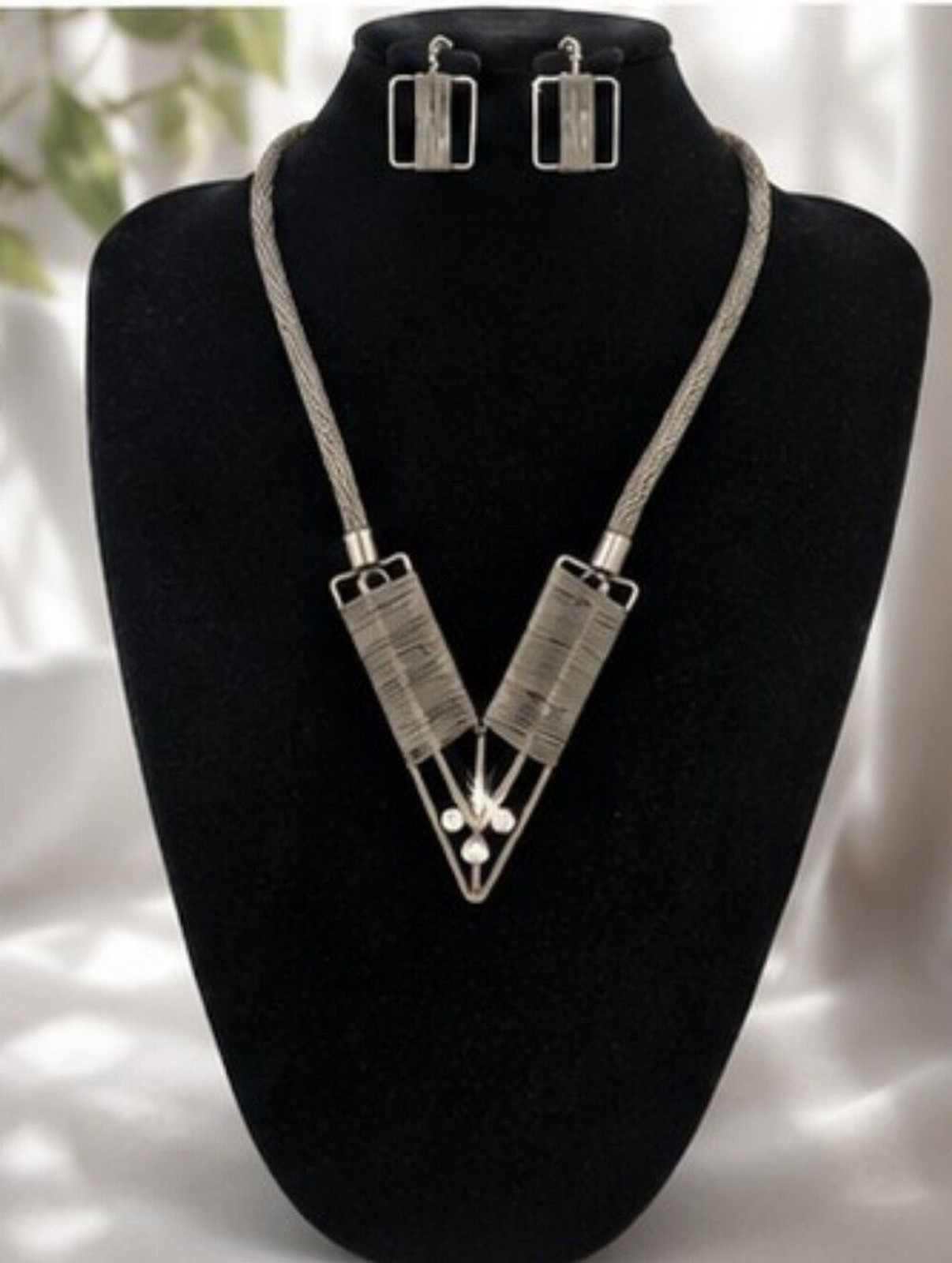 DaVinci Geometric Necklace Earrings Set Gunmetal Wire Wrap Statement Jewelry NWT
