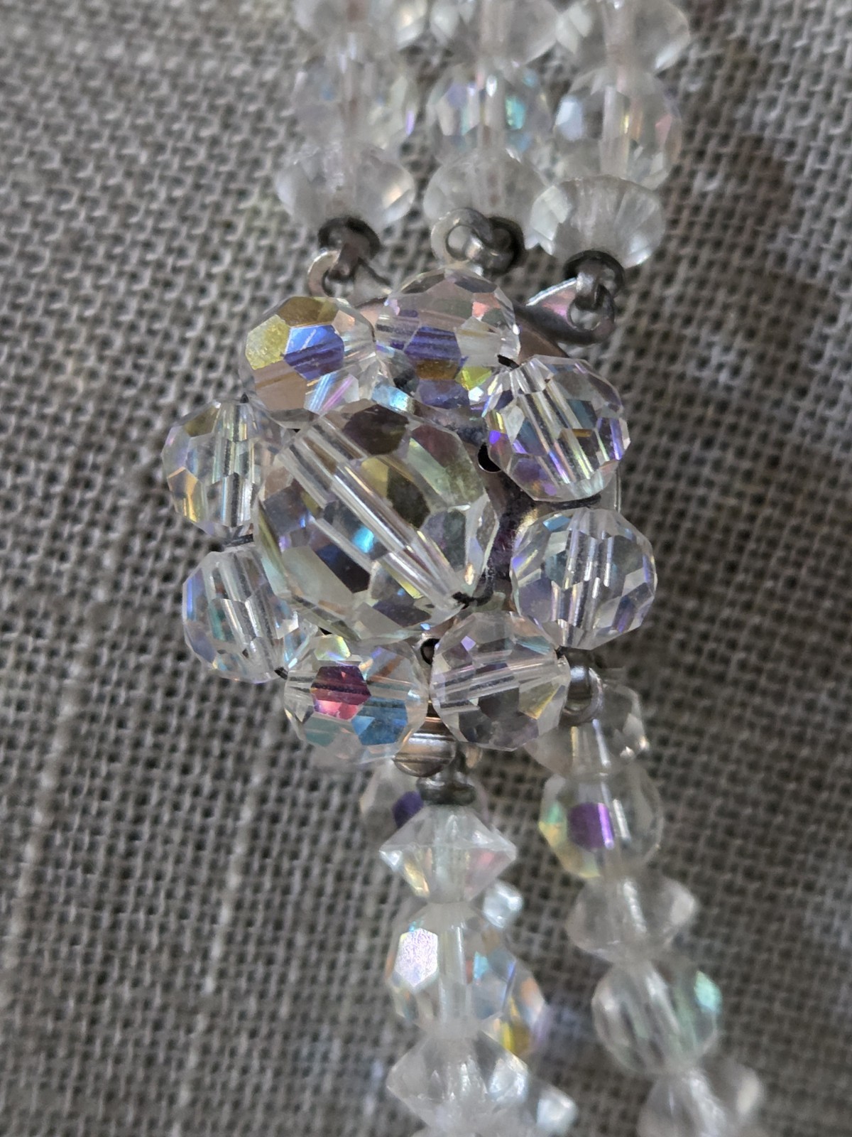 Vtg Multi Strand Aurora Borealis Necklace Faceted 15 In Crystal Flower Clasp AB