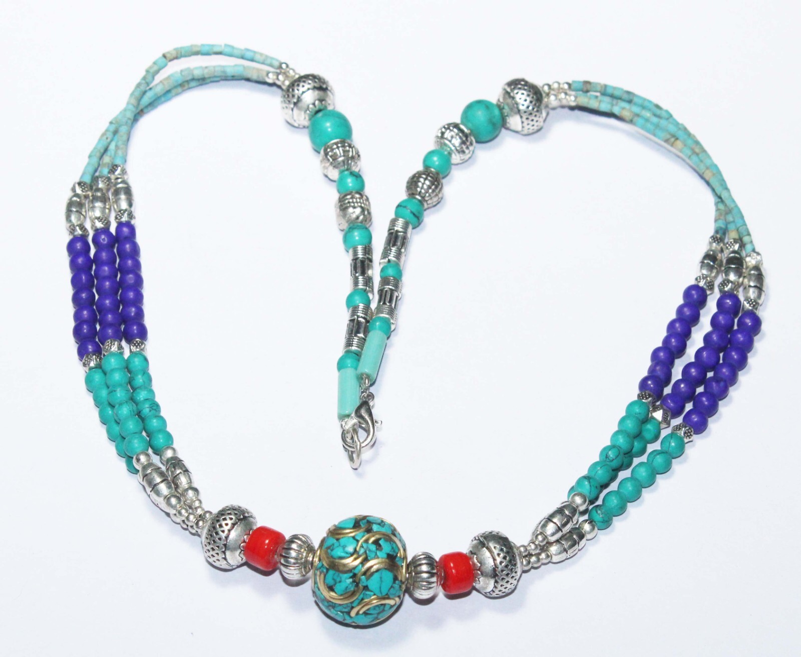 Tibetan Turquoise Red Coral Lapis Gemstone Handmade Nepali Necklace 18 Inches