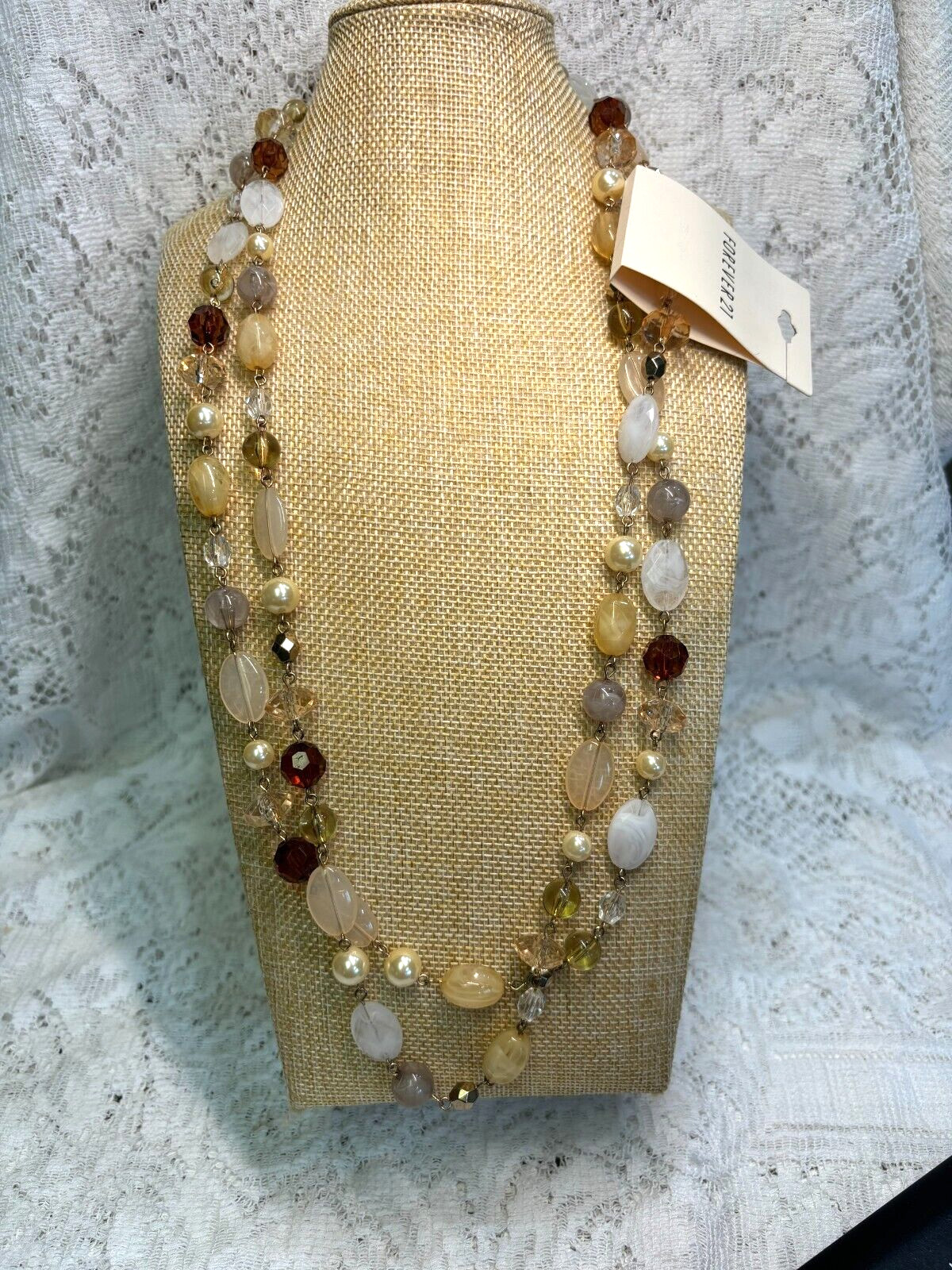 NWT~ FOREVER 21 PEACH BROWN & CREAM BEAD NECKLACE ~APPROX. 62″ L