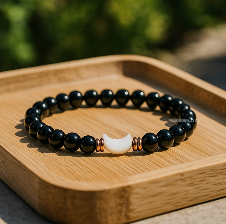 Black Obsidian Mother of Pearl Moon Bracelet Lunar Energy Healing Protection