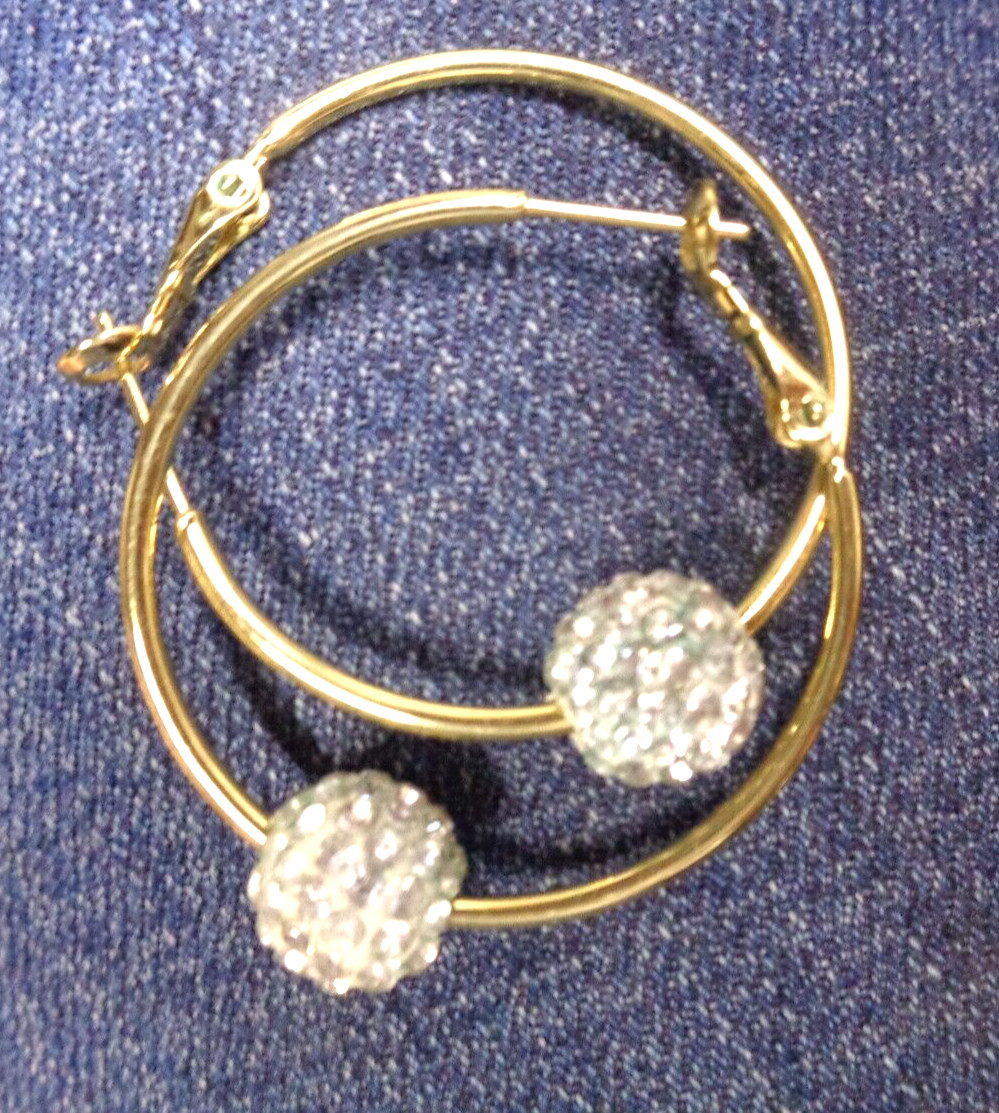 Estate Jewelry ~ ATI BRCH Goldtone Crystal Ball Bead HOOP Pierced Earrings 1.25″