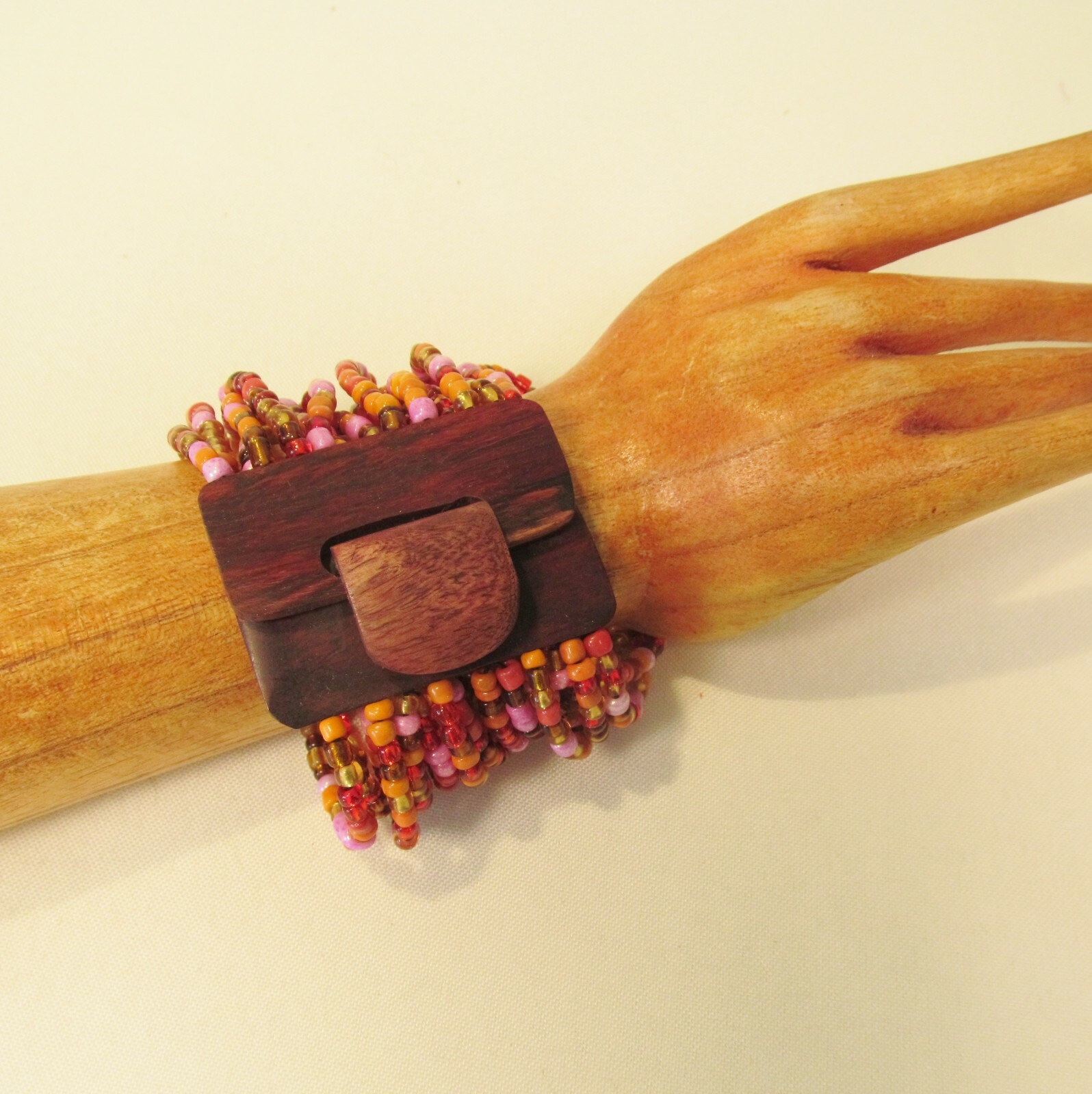 Orange Pink Gold Handmade Beaded Stretch Wood Buckle Seed Bead Bali Bracelet